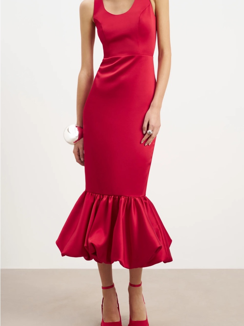 New with Tag Sculpted Red Midi Dress with Flounced Hem